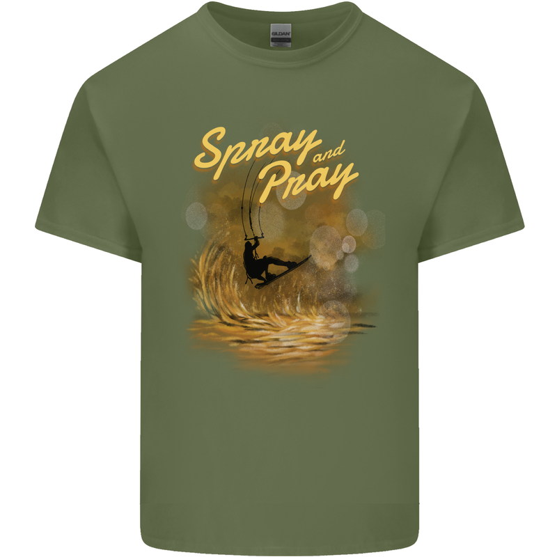 Kitesurfing Spray and Pray Mens Cotton T-Shirt Tee Top Military Green