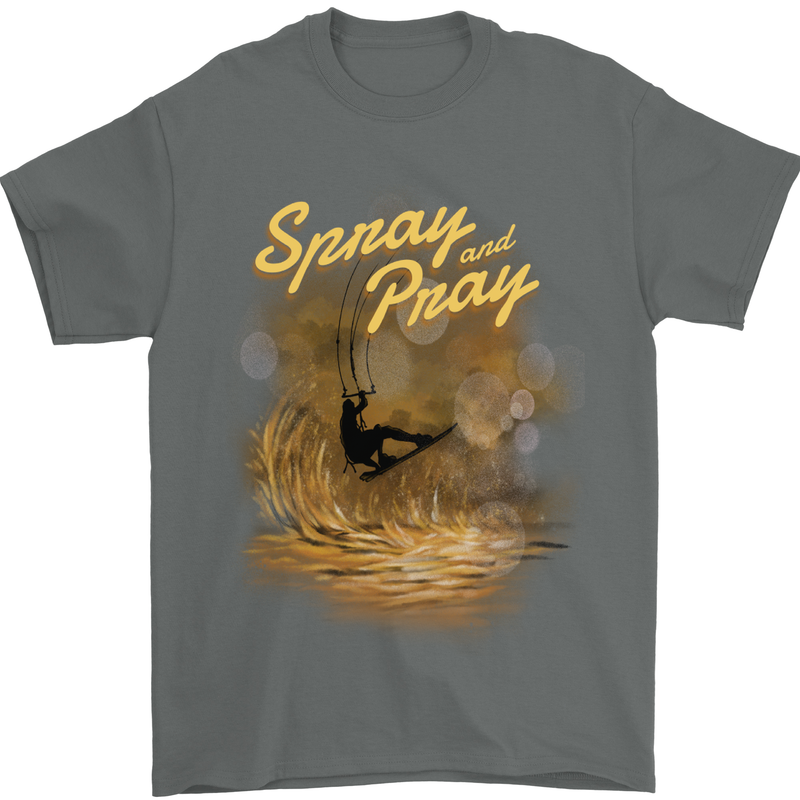 Kitesurfing Spray and Pray Mens T-Shirt 100% Cotton Charcoal