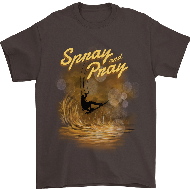 Kitesurfing Spray and Pray Mens T-Shirt 100% Cotton Dark Chocolate