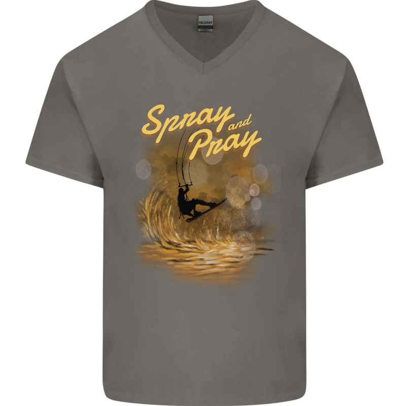 Kitesurfing Spray and Pray Mens V-Neck Cotton T-Shirt Charcoal
