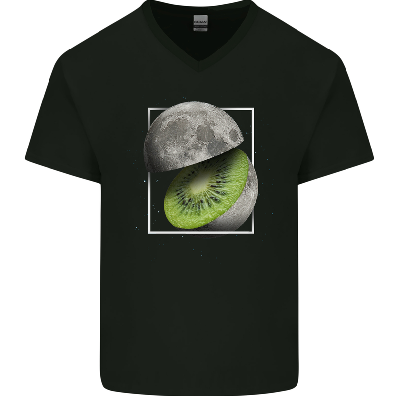 Kiwi Moon Space Planets Universe Mens V-Neck Cotton T-Shirt Black