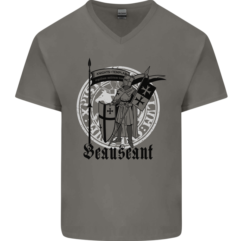 Knights Templar Beauseant St Georges Day Mens V-Neck Cotton T-Shirt Charcoal
