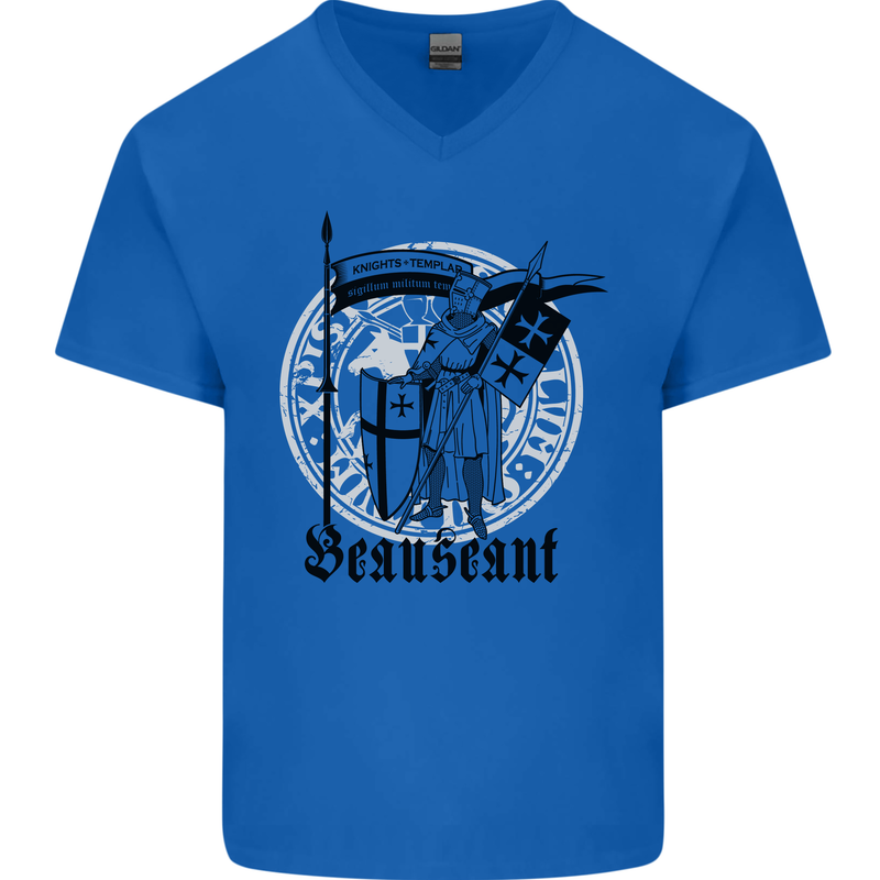 Knights Templar Beauseant St Georges Day Mens V-Neck Cotton T-Shirt Royal Blue