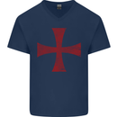 Knights Templar Cross Fancy Dress Outfit Mens V-Neck Cotton T-Shirt Navy Blue