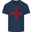 Knights Templar Cross Fancy Dress Outfit Mens V-Neck Cotton T-Shirt Navy Blue