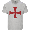 Knights Templar Cross Fancy Dress Outfit Mens V-Neck Cotton T-Shirt Sports Grey