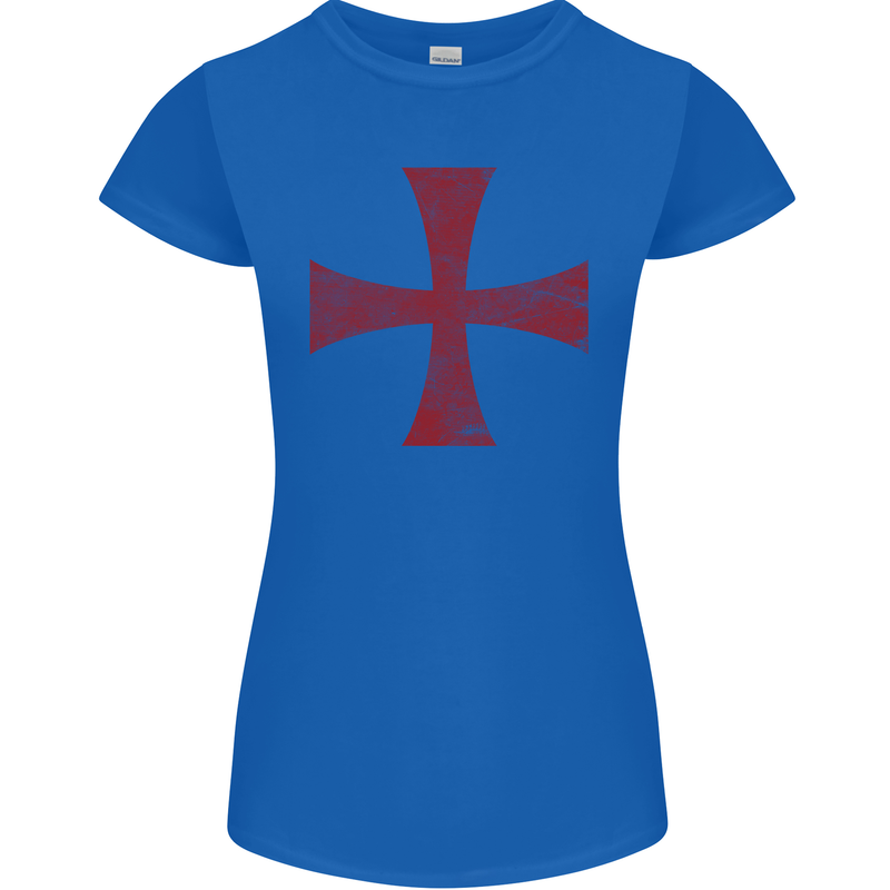 Knights Templar Cross Fancy Dress Outfit Womens Petite Cut T-Shirt Royal Blue