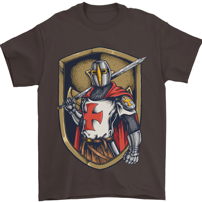 Knights Templar England St Georges Day Mens T-Shirt Cotton Gildan Dark Chocolate