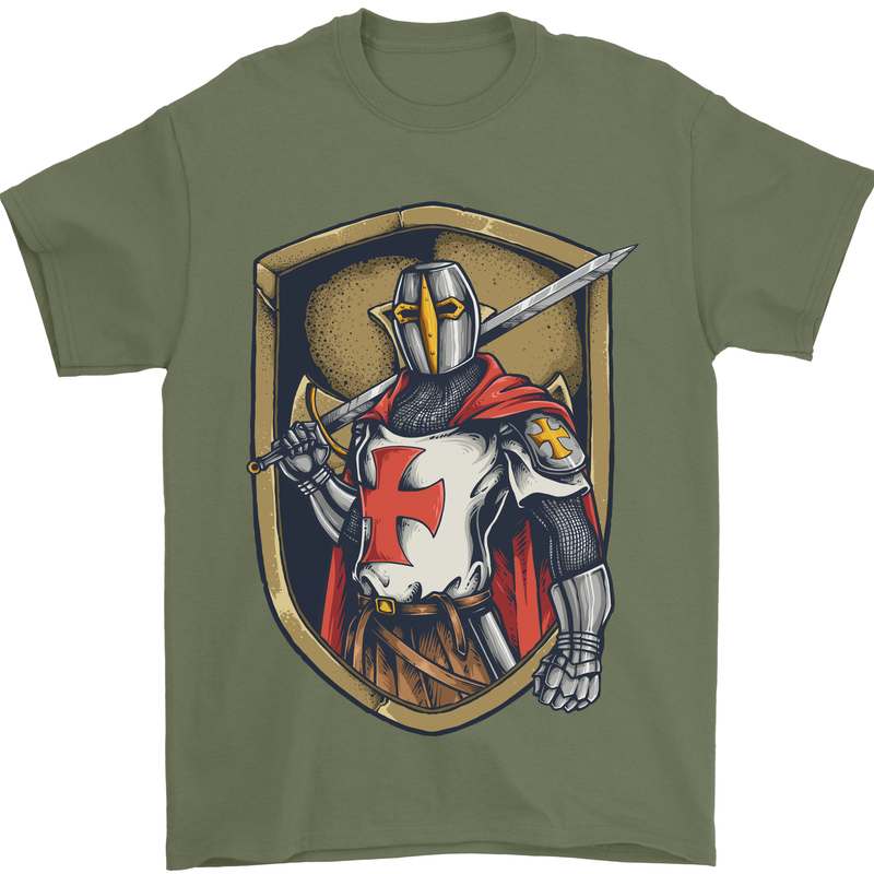 Knights Templar England St Georges Day Mens T-Shirt Cotton Gildan Military Green