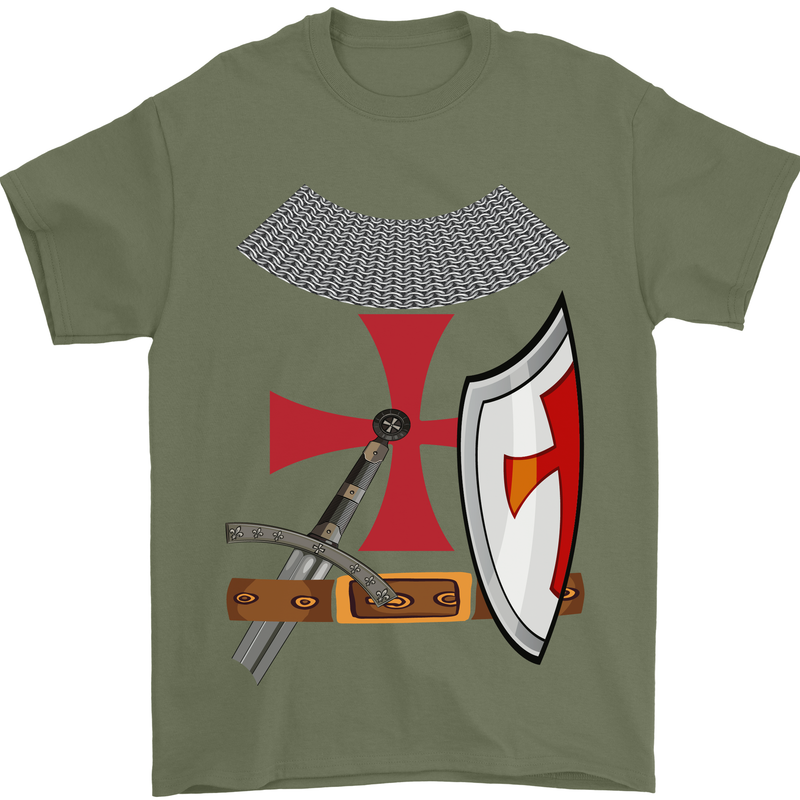 Knights Templar Fancy Dress St Georges Day Mens T-Shirt Cotton Gildan Military Green