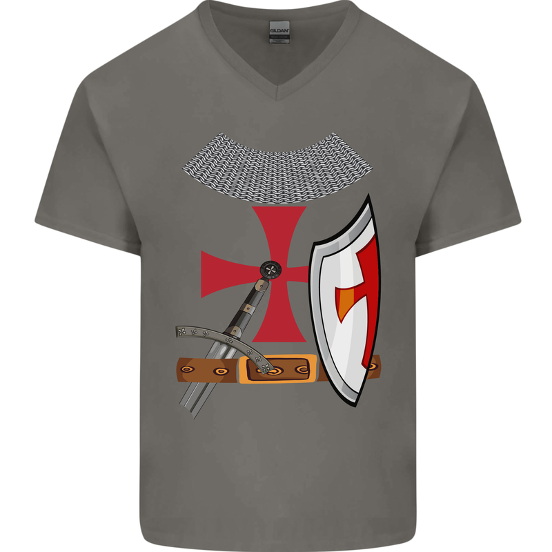 Knights Templar Fancy Dress St Georges Day Mens V-Neck Cotton T-Shirt Charcoal