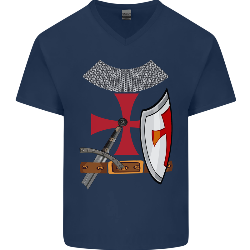 Knights Templar Fancy Dress St Georges Day Mens V-Neck Cotton T-Shirt Navy Blue