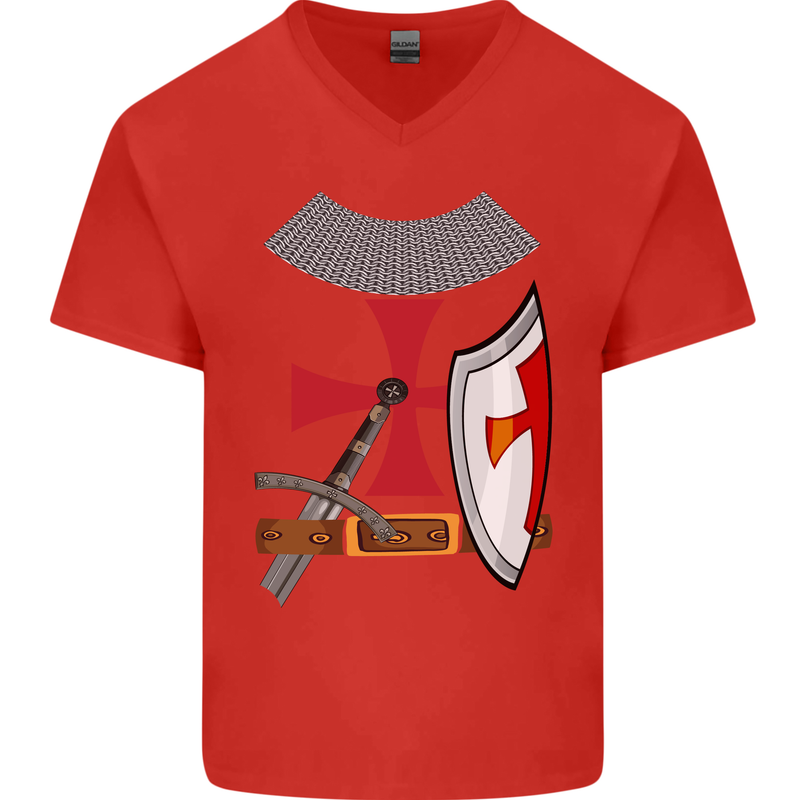 Knights Templar Fancy Dress St Georges Day Mens V-Neck Cotton T-Shirt Red