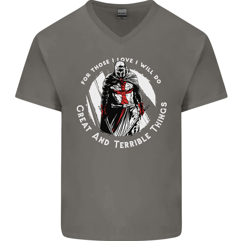 Knights Templar St. George's Father's Day Mens V-Neck Cotton T-Shirt Charcoal