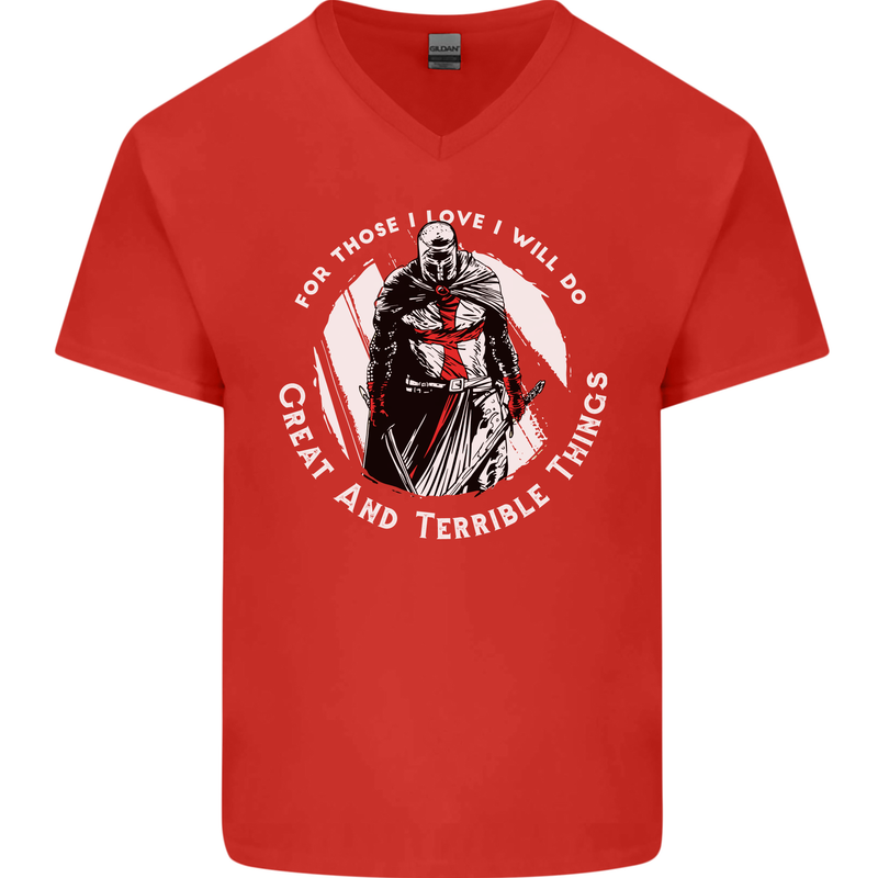Knights Templar St. George's Father's Day Mens V-Neck Cotton T-Shirt Red