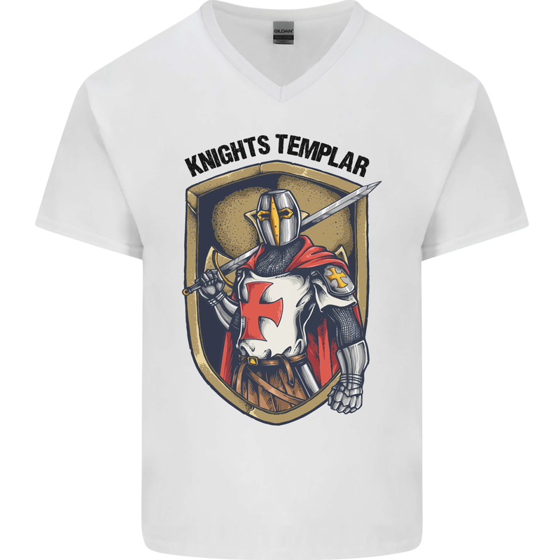 Knights Templar St Georges Day England Mens V-Neck Cotton T-Shirt White