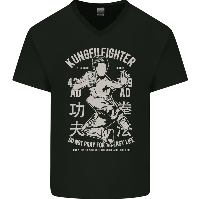 Kung Fu Fighter Mixed Martial Arts MMA Mens V-Neck Cotton T-Shirt Black