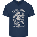 Kung Fu Fighter Mixed Martial Arts MMA Mens V-Neck Cotton T-Shirt Navy Blue