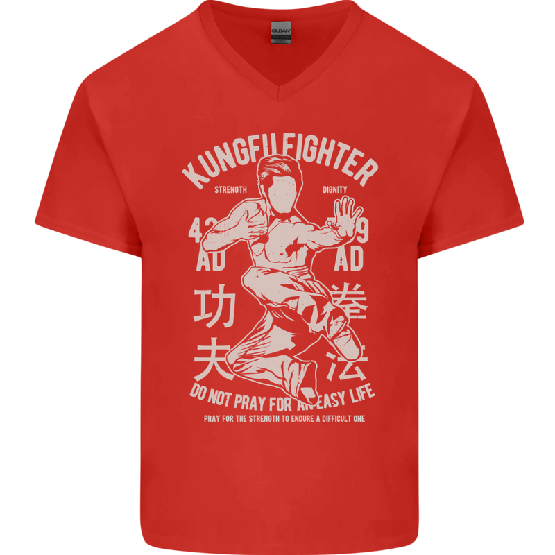 Kung Fu Fighter Mixed Martial Arts MMA Mens V-Neck Cotton T-Shirt Red