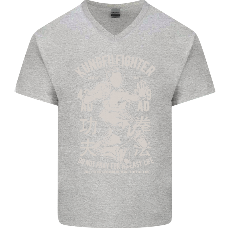 Kung Fu Fighter Mixed Martial Arts MMA Mens V-Neck Cotton T-Shirt Sports Grey
