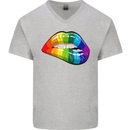 LGBT Bitten Lip Gay Pride Day Mens V-Neck Cotton T-Shirt Sports Grey