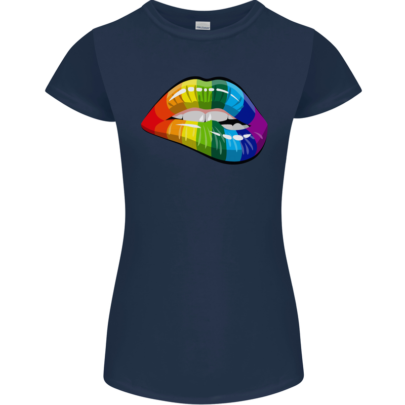 LGBT Bitten Lip Gay Pride Day Womens Petite Cut T-Shirt Navy Blue