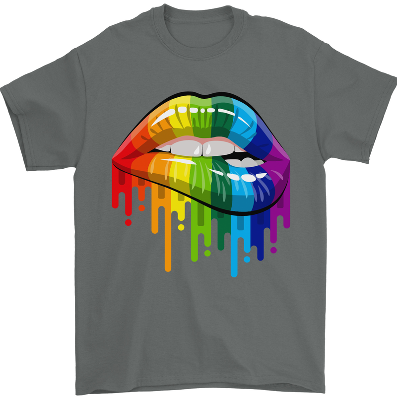 LGBT Bitten Rainbow Lip Gay Pride Day Mens T-Shirt Cotton Gildan Charcoal
