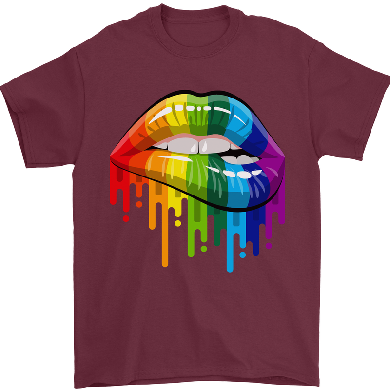 LGBT Bitten Rainbow Lip Gay Pride Day Mens T-Shirt Cotton Gildan Maroon