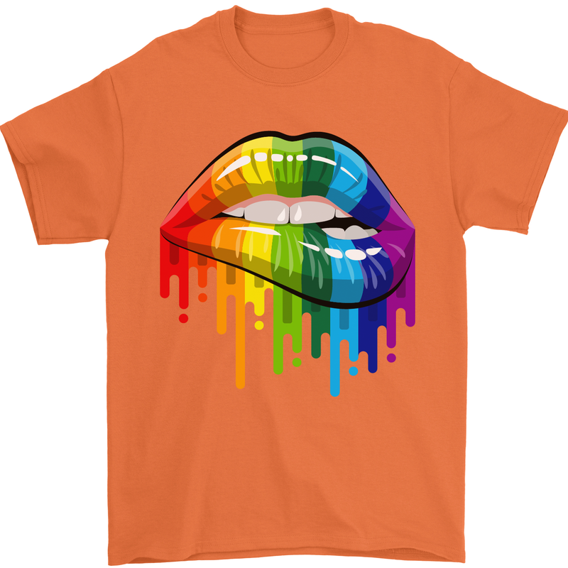 LGBT Bitten Rainbow Lip Gay Pride Day Mens T-Shirt Cotton Gildan Orange