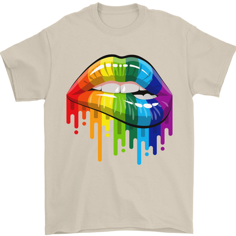 LGBT Bitten Rainbow Lip Gay Pride Day Mens T-Shirt Cotton Gildan Sand