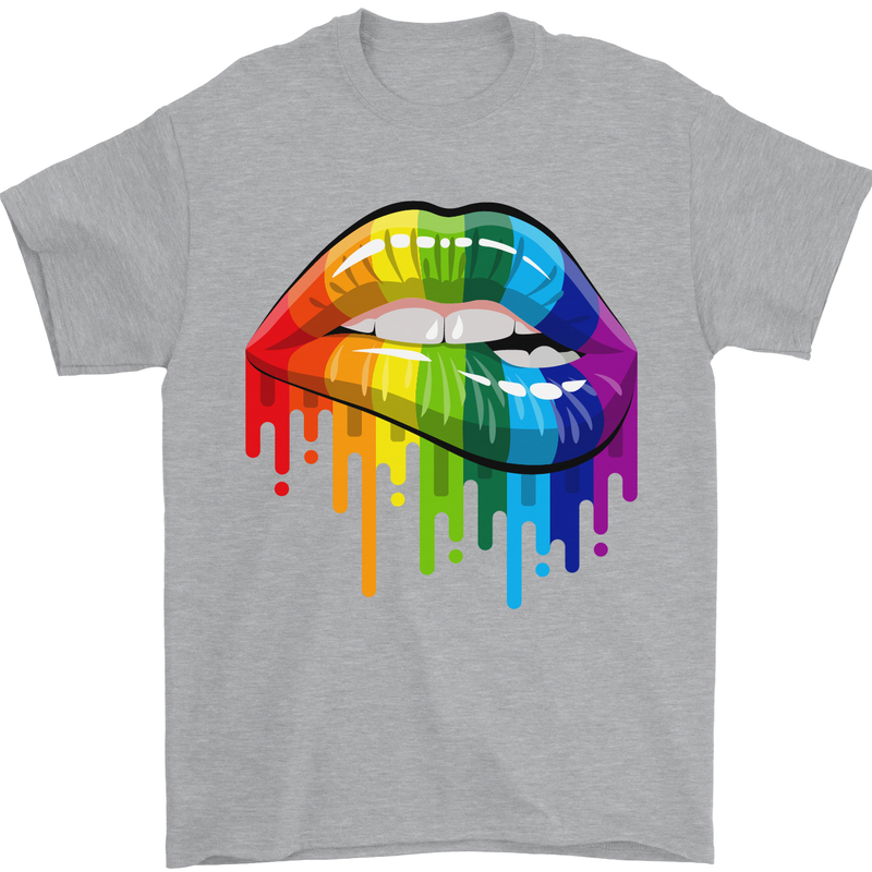 LGBT Bitten Rainbow Lip Gay Pride Day Mens T-Shirt Cotton Gildan Sports Grey