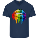 LGBT Bitten Rainbow Lip Gay Pride Day Mens V-Neck Cotton T-Shirt Navy Blue