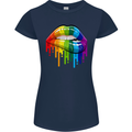 LGBT Bitten Rainbow Lip Gay Pride Day Womens Petite Cut T-Shirt Navy Blue