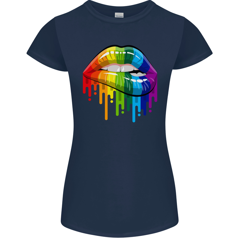 LGBT Bitten Rainbow Lip Gay Pride Day Womens Petite Cut T-Shirt Navy Blue