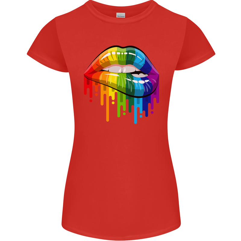 LGBT Bitten Rainbow Lip Gay Pride Day Womens Petite Cut T-Shirt Red