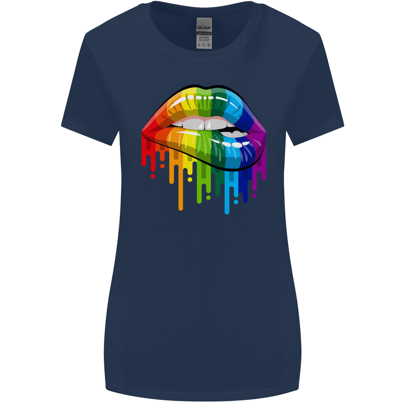 LGBT Bitten Rainbow Lip Gay Pride Day Womens Wider Cut T-Shirt Navy Blue