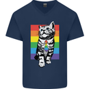 LGBT Cat Gay Pride Day Awareness Mens V-Neck Cotton T-Shirt Navy Blue