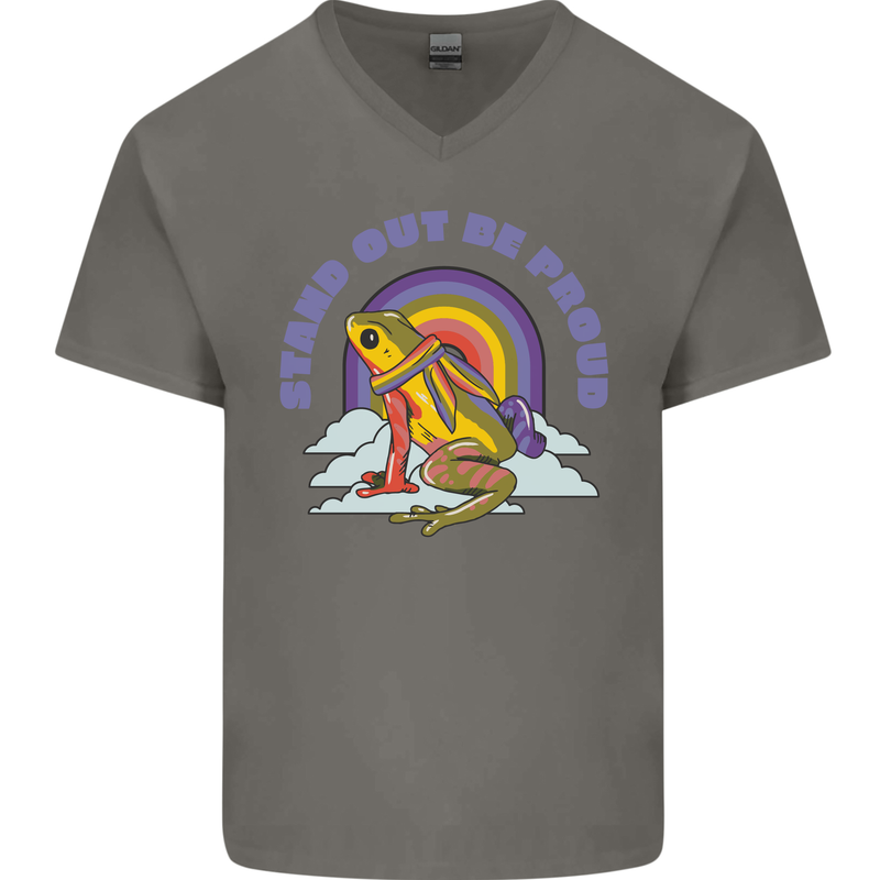 LGBT Frog Stand Out to Be Proud Gay Pride Mens V-Neck Cotton T-Shirt Charcoal