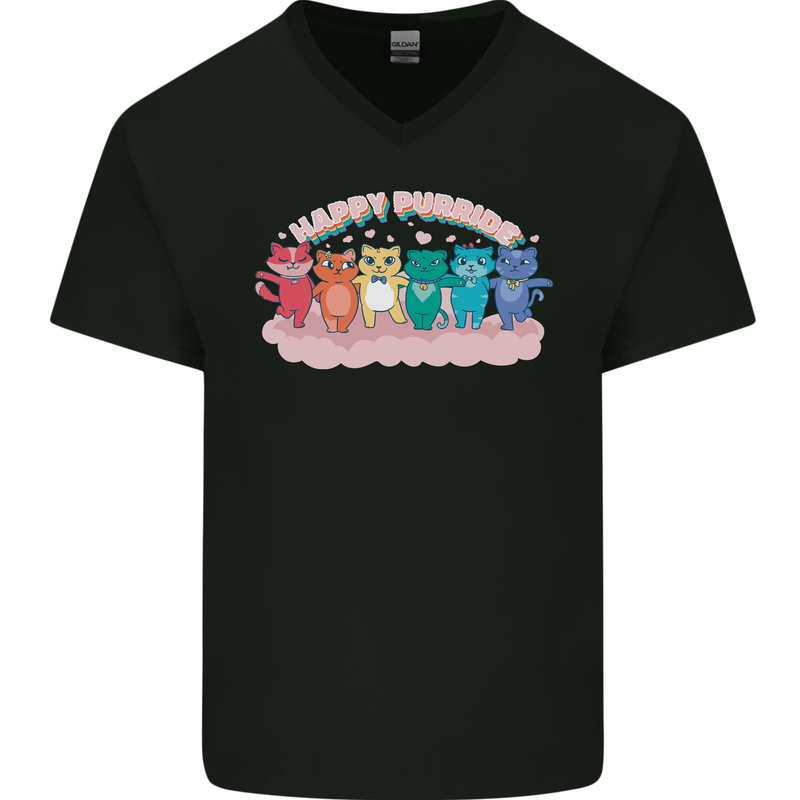 LGBT Happy Purride Funny Gay Cats Mens V-Neck Cotton T-Shirt Black