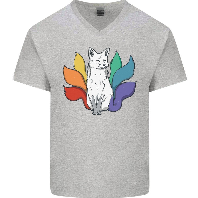 LGBT Kitsune Fox Gay Pride Mens V-Neck Cotton T-Shirt Sports Grey