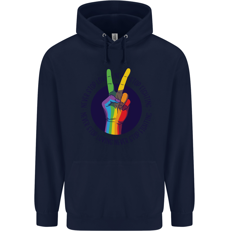 LGBT Never Stop Loving Fighting Gay Pride Childrens Kids Hoodie Navy Blue