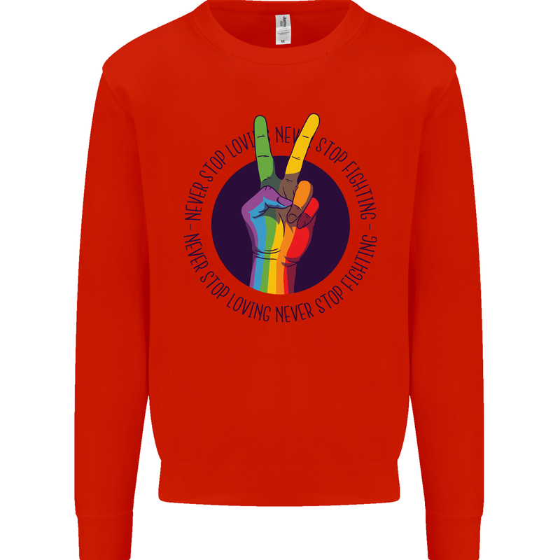LGBT Never Stop Loving Fighting Gay Pride Kids Sweatshirt Jumper Bright Red