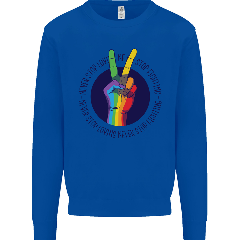LGBT Never Stop Loving Fighting Gay Pride Kids Sweatshirt Jumper Royal Blue
