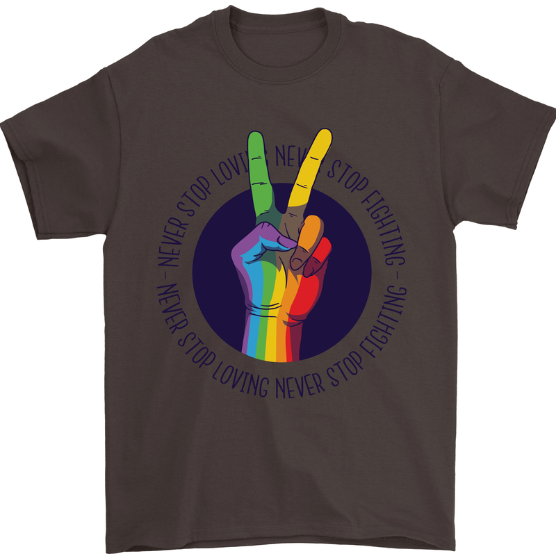 LGBT Never Stop Loving Fighting Gay Pride Mens T-Shirt Cotton Gildan Dark Chocolate