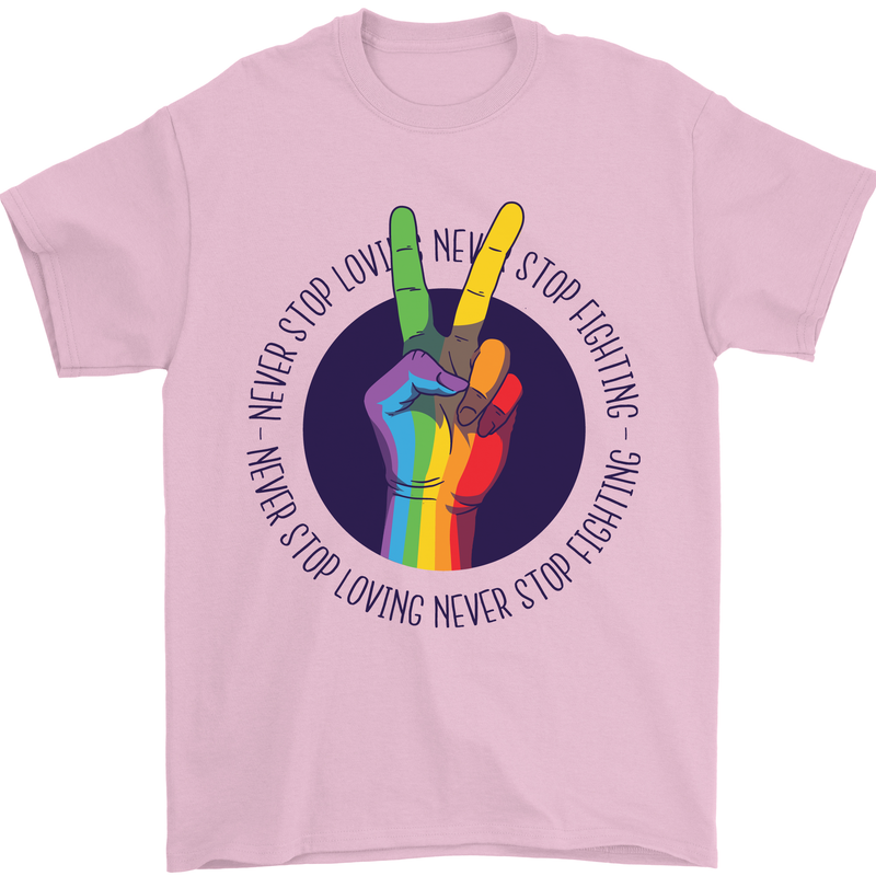 LGBT Never Stop Loving Fighting Gay Pride Mens T-Shirt Cotton Gildan Light Pink