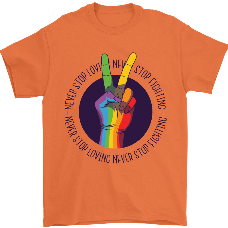 LGBT Never Stop Loving Fighting Gay Pride Mens T-Shirt Cotton Gildan Orange