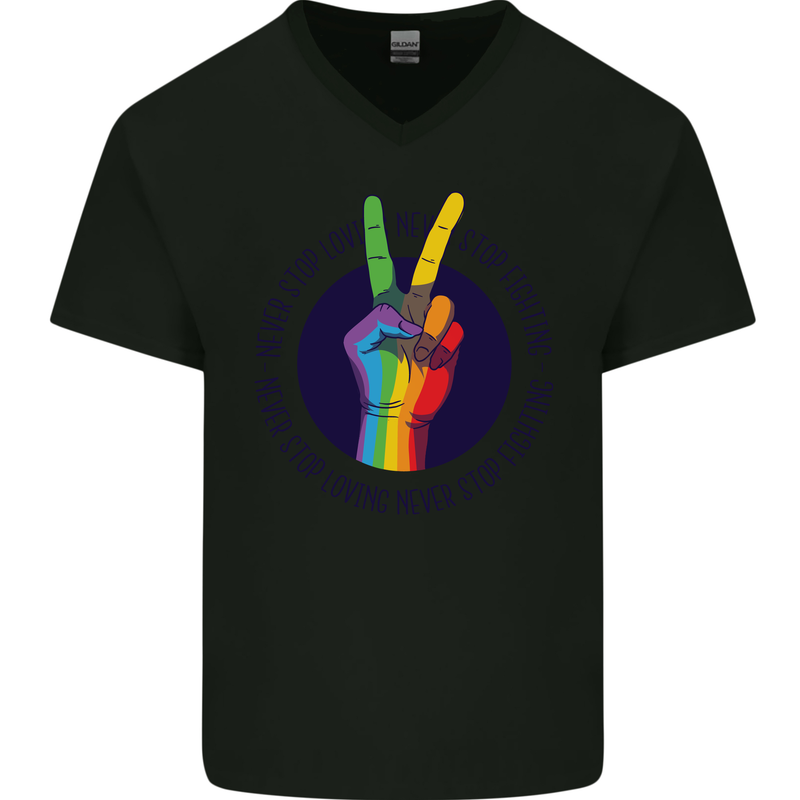 LGBT Never Stop Loving Fighting Gay Pride Mens V-Neck Cotton T-Shirt Black