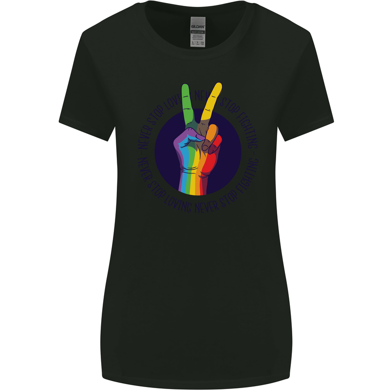 LGBT Never Stop Loving Fighting Gay Pride Womens Wider Cut T-Shirt Black