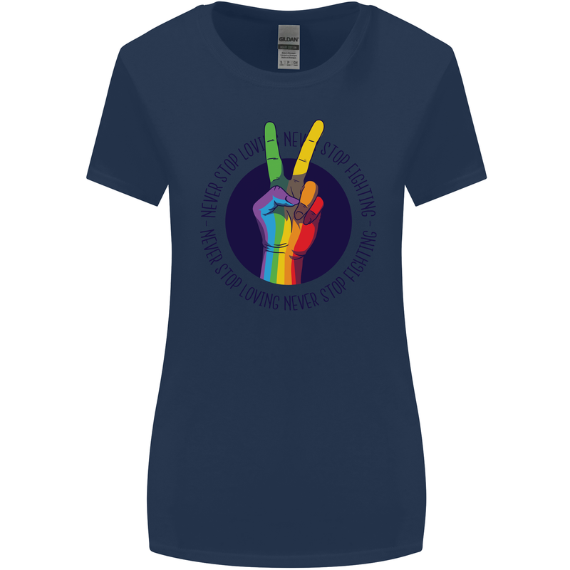 LGBT Never Stop Loving Fighting Gay Pride Womens Wider Cut T-Shirt Navy Blue