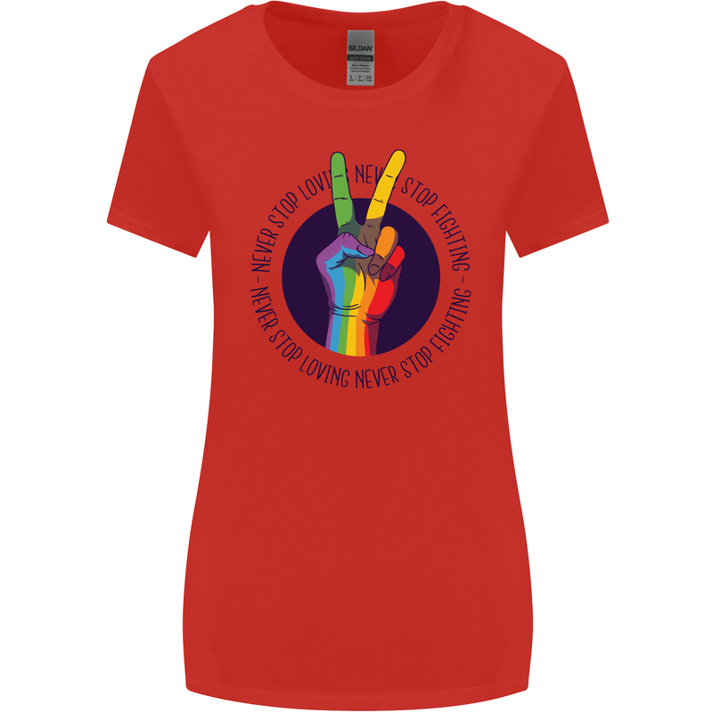 LGBT Never Stop Loving Fighting Gay Pride Womens Wider Cut T-Shirt Red